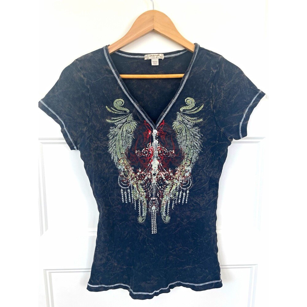 Energé World Wear Women L Black Acid Wash Rhinestone Angel Wings Graphic Tee Y2K